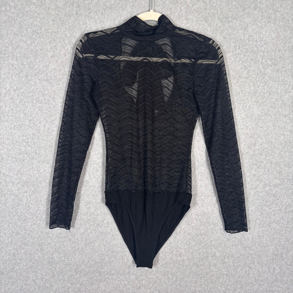 Black‎ Lace Mesh Sheer Bodysuit Small Satin Bow Whimsigoth Coquette Feminine